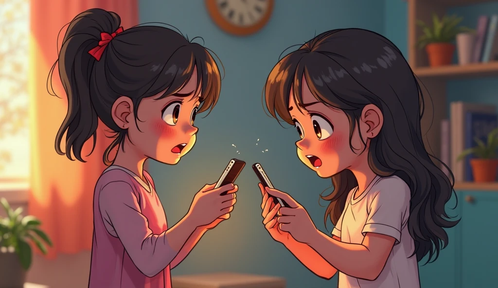 two Indonesian teenage sisters, one chubby, both absorbed in their gadgets, with their short-haired mother nearby looking upset and angry, (best quality,4k,8k,highres,masterpiece:1.2),ultra-detailed,(realistic,photorealistic,photo-realistic:1.37), ultra humorous illustration, hyper realistic illustration, 