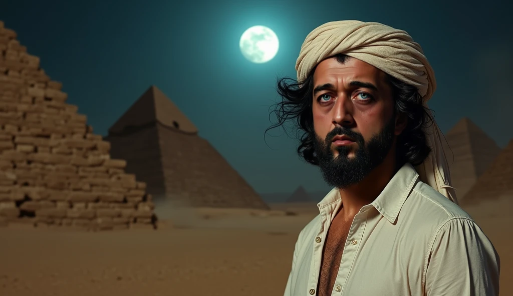 An avatar of a fake handsome sheikh character resembling our effendi in his fifties from ancient Egypt, wearing a red fez with a white thread hanging from it, a mustache covering his mouth and a very thick white beard, wearing a black shirt, a picture from the chest area