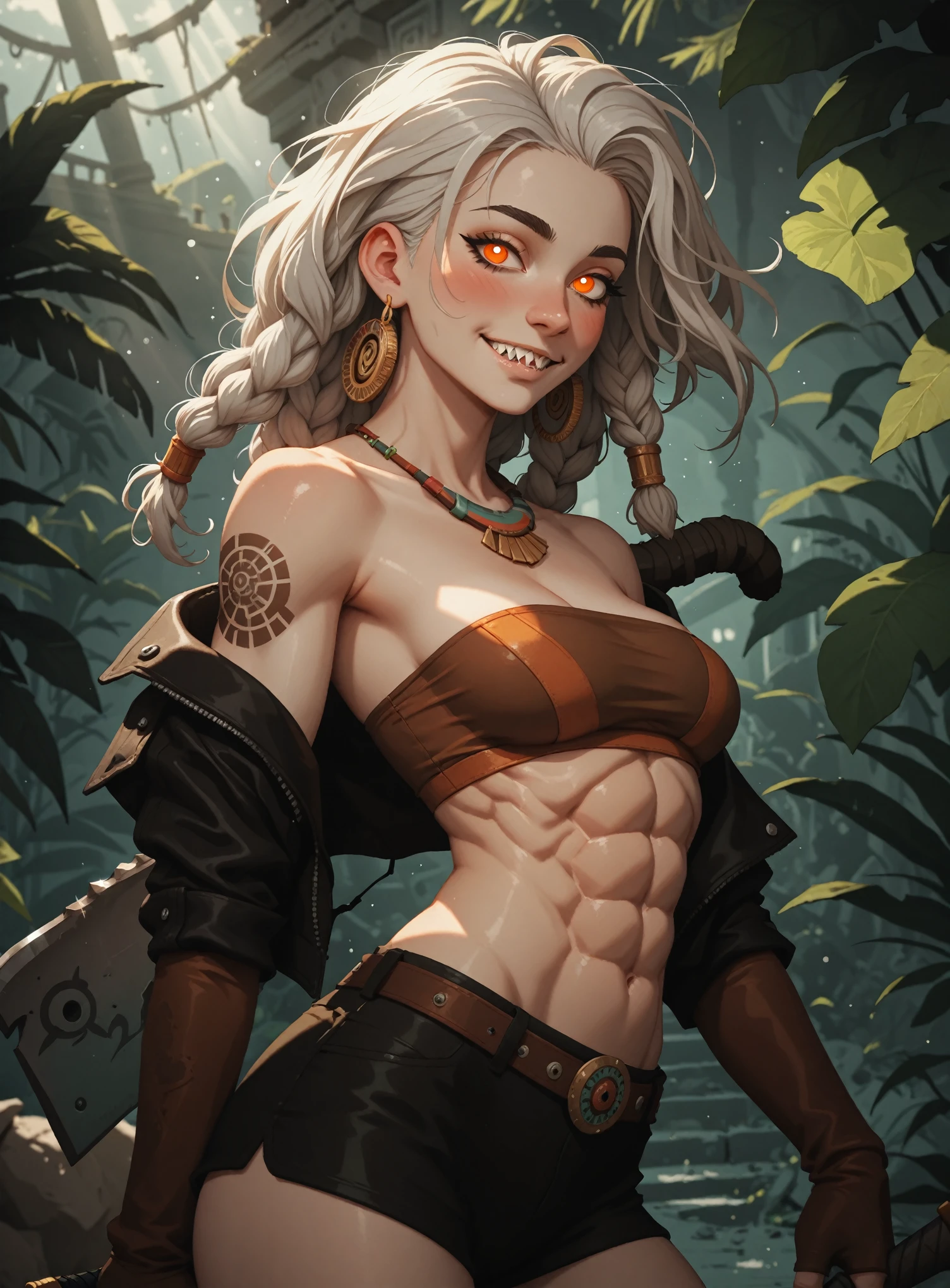 Meisterwerk, hd , great quality, very aesthetic, absurd, high contrast , high color palette , light glare ,neueste,2.5D,volumetric lighting, Sweet, jung, 1 girl, asiatisch, round face, slanted eyes, big eyes, asian girl, rote Augen, Asian eyes, normal breasts, soft abs, rote Augen, Albino, white strands, ATHLETIC BODY, aztekisch, leather clothing, attentive, shy smile, massive butcher's blade on her back, looks at the viewer, Dreadlocks, very shy, sharp teeth, Hintergrund: jungle and Aztec ruins, looks at the viewer, looks like a young Jennifer Lawrence