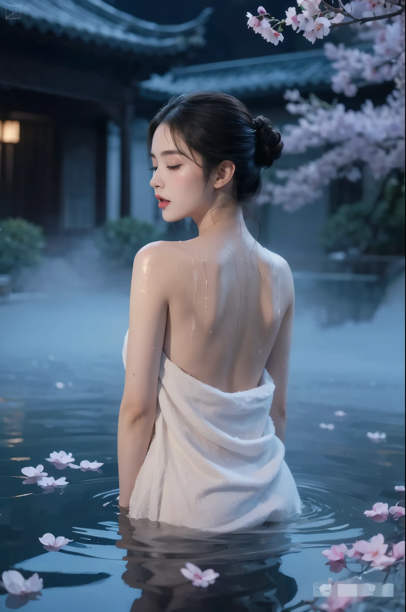 ((Shoulder-length bob hair)),((bun hair)),Really meticulous CG),(((8K))),wallpaper,((Incredibly stylish and beautiful)),(((masterpiece))),(((best quality))),(((초high resolution))),A beautiful light comes on，perfect lightning,Realistic Shading，[high resolution],(Smooth, flawless, fair skin:1.5),Very exquisite facial details,Ultra-detailed,female,alone,small head,small face,clear face,exquisite makeup,(laugh:1.2),(perfect body:1.1),,flat chest,slim,thin,bare back view,slim 다리,(from behind:1.2),glimmering,(upper body:1.3),  (photography:1.2),(movie light, very detailed picture), (A very meticulously drawn face, What a beautiful face, very delicate eyes, very detailed nose, very detailed mouth, Highly detailed body, detailed buttocks, detailed thighs), split,(A long dress of a very delicate towel fabric:1.3, strapless), (sweat a lot:1.3), Slouching pose,light and shadow,(((outdoor))),(((snow scene))), Japanese traditions, (bathing at hot onsen:1.5), Hot steam, wooden barrel,(Snow covered forest and bamboo),It&#39;s incredibly ridiculous., Absolutely great illustrations,sex egg,a big outdoor hot spring garden, ((Hide your invisible body with the reflection of hot water)), ((I got soaked up to my shoulders)), Hot flashes, nudity, steaming, ,((Submerge your entire body from the neck down into hot water.)),((winter))
