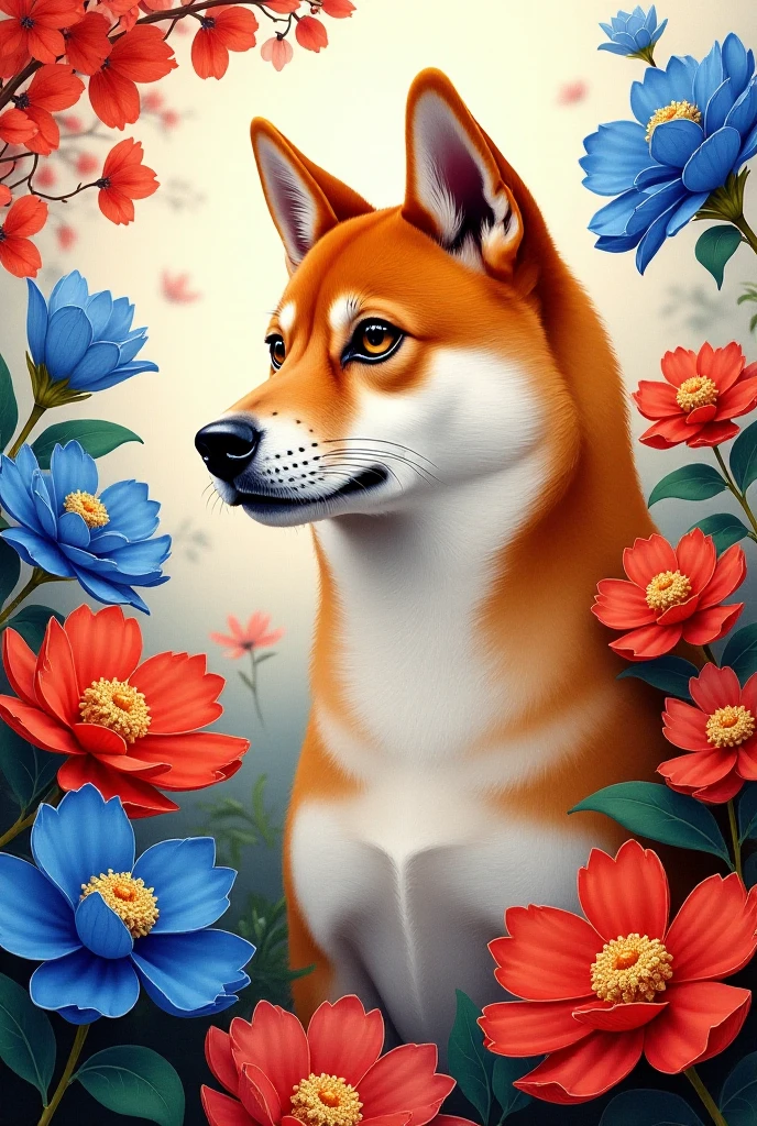 This is an image used as an image for a jigsaw puzzle。Scenery of Shiba Inu surrounded by flowers。Add an overall impression like Edo Kiriko。Delicate cut pattern peculiar to Edo Kiriko、Transparent glassy texture、Brilliance reflecting light、Incorporate elements of brightly colored glass such as red and blue、Please create a gorgeous and elegant atmosphere