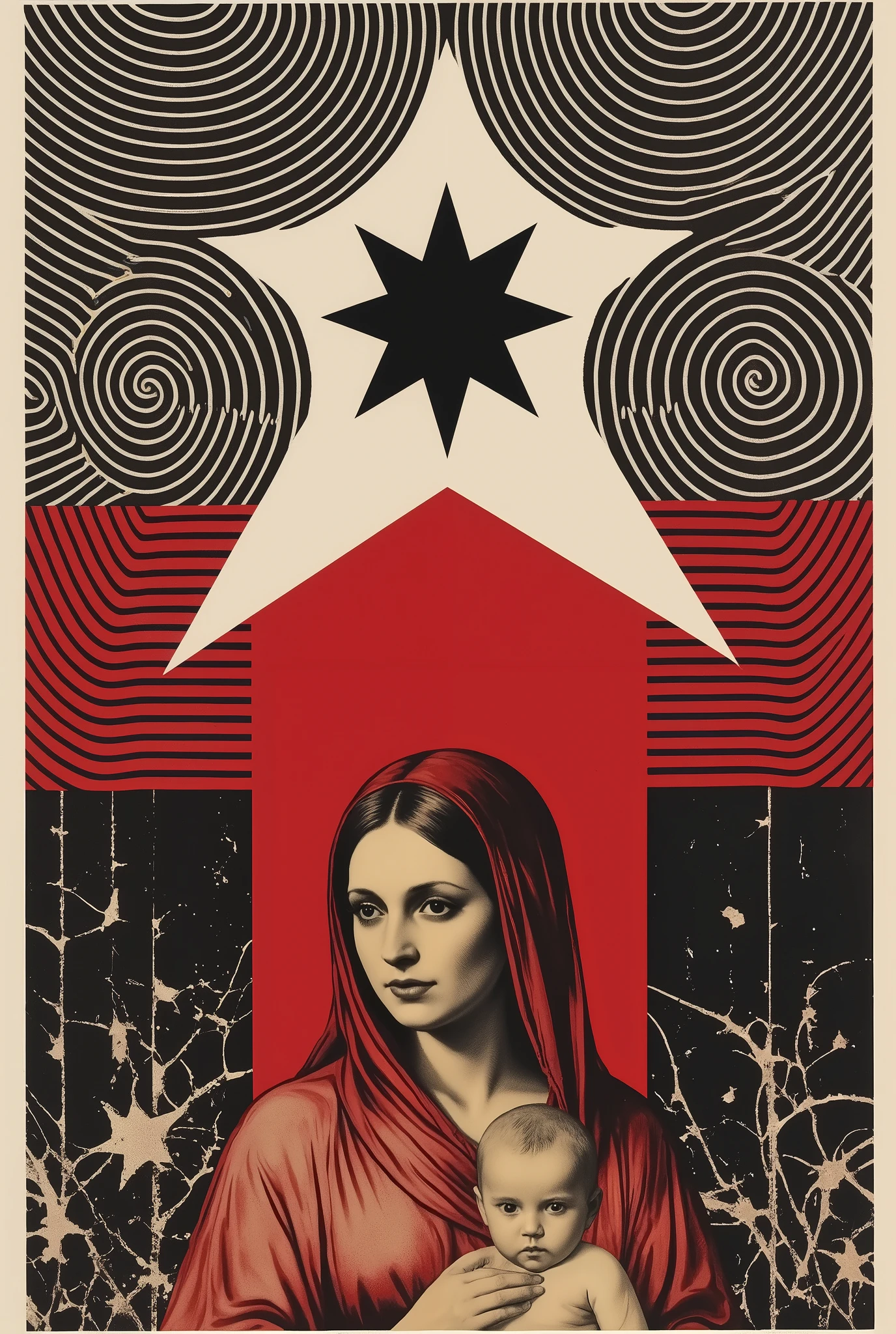 bauhaus style,virgin mother,baby, Warhol style,shooting star,black,red,pointed gold,Geometric patterns design,minimal art,pop art,modern art,collage,YFG-Bauhaus,andywarhol1 illustration,hyacinthcollage,nisa