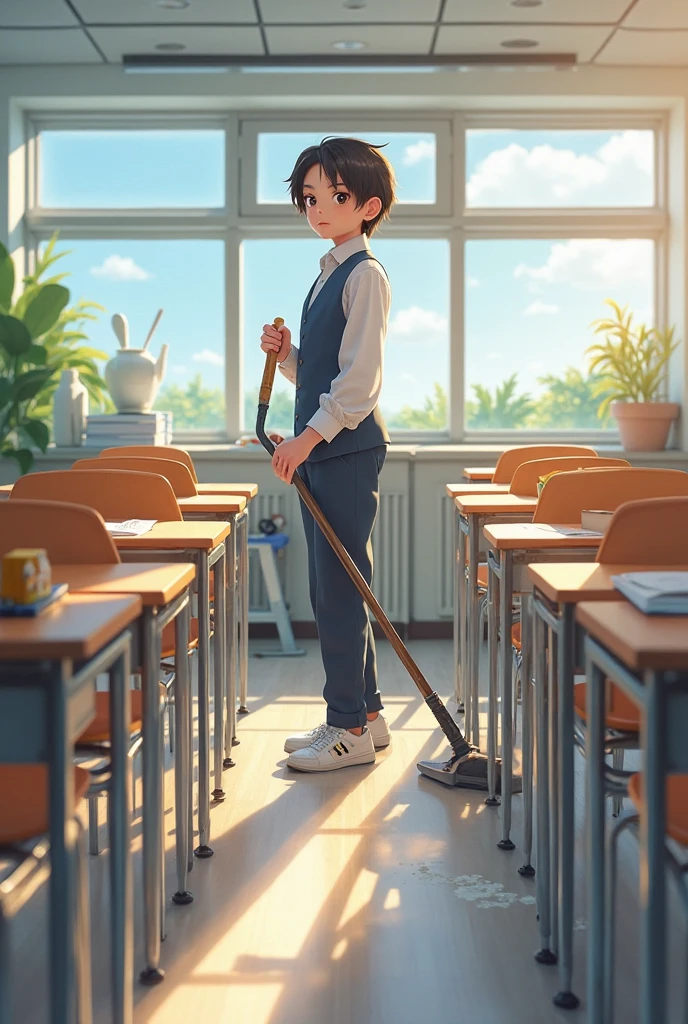 A school boy cleaning his classroom with his back turned.