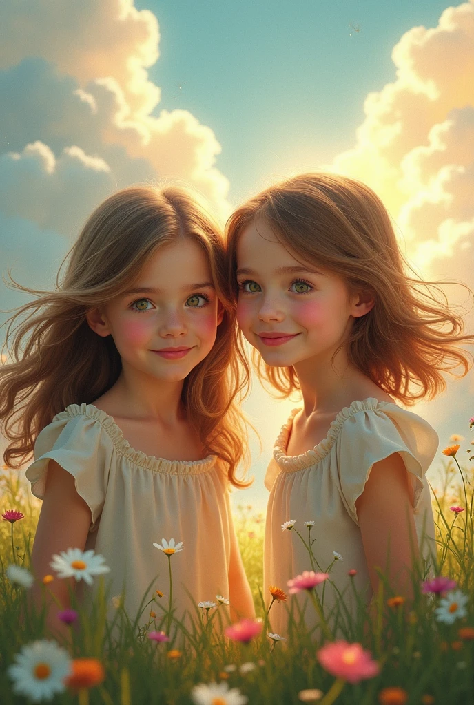 two girls wearing hats laying on a field of hay, beautiful gemini twins portrait, painting digital adorable, next gen, beautiful gemini twins, twins, lindo pintura digital, Duas meninas, airbrush digital oil painting, Digital painting nice, Arte Digital, Arte Digital, meninas fofas, pintura digital impressionante, epic tale of the twin sisters, bela Arte Digital, Arte ocidental