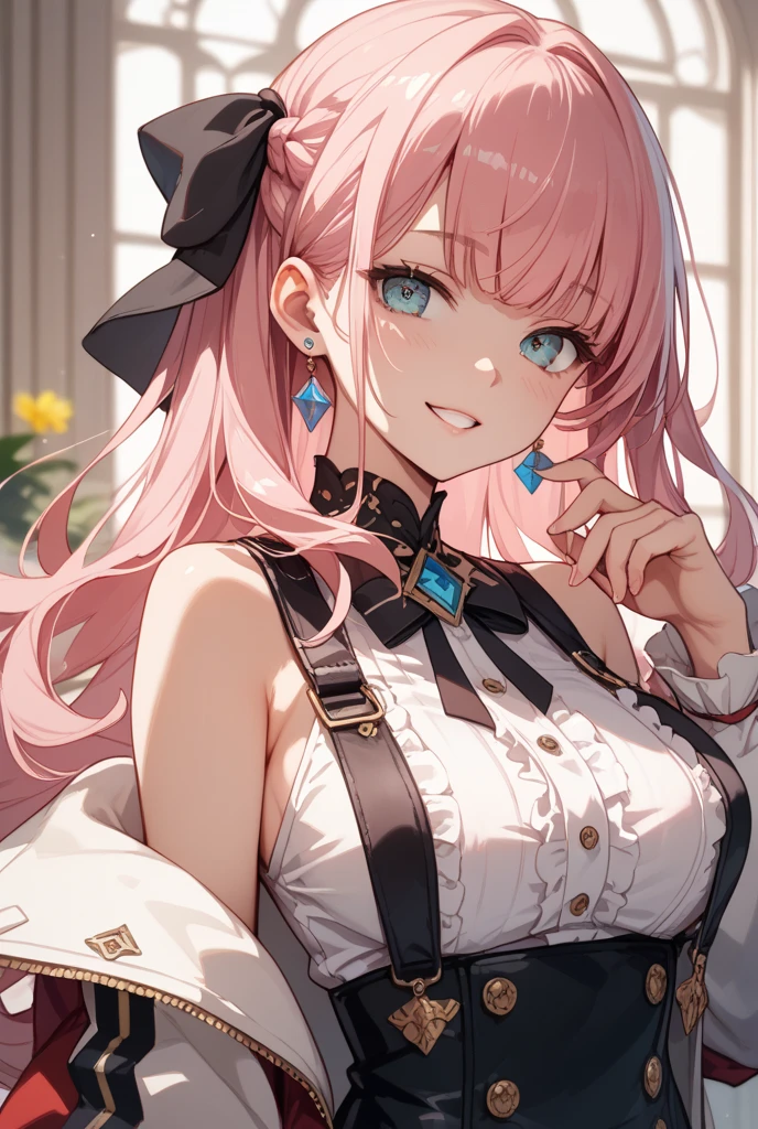 high resolution, (masterpiece), 4k, portrait, ((from front)), (upper body), 1girl, ((detailed long flowing pink_hair adorned with black_ribbons)), (bright sky_blue_eyes), (c-cup breasts), wide hips, long legs, (sleeveless_white_polo_shirt), frilled_black_skirt, ((brown_belt emblazoned with black_stars on both sides of the belt's buckle)), (white_knee_socks secured by black_ribbons), ((white_arm-length_gloves with black_ribbon tied around biceps)), happy grin, blush, (relaxed pose), evening, sunfall, japanese park background with trees and fountain