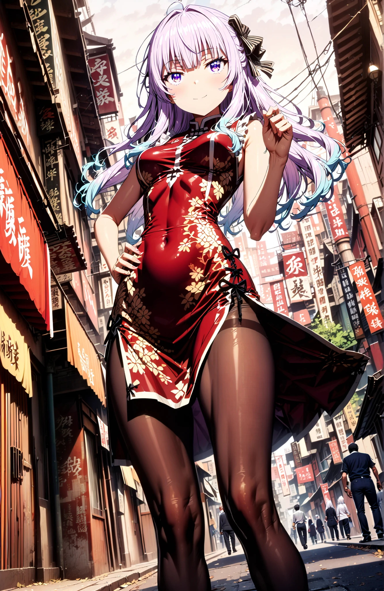 Sakayanagi Alice, long hair, solo,bungs, PURPLE EYES, white hair, blunt bungs,White Chinese clothing,long slit,sleeveless,black pantyhose,pin heels,standing,Grab your hips with your right hand,smile,blush,mouth,angle from below,full bodyがイラストに入るように,in their 40s looking at viewer,full body,
in their 40s outdoors,Chinatown,
in their 40s (masterpiece:1.2), best quality, high resolution, Unity 8Kの壁紙, ( illustration :0.8), (beautiful detailed eyes:1.6), Highly detailed faces, perfect lighting, very detailed CG, (perfect hand in h, perfect anatomy),