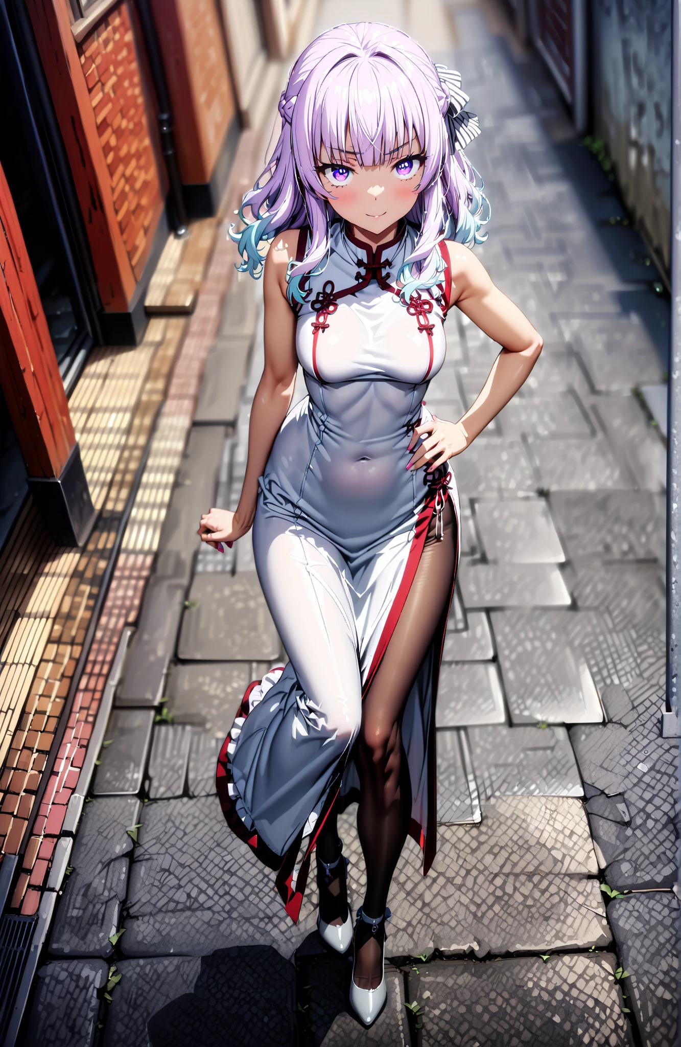 Sakayanagi Alice, long hair, solo,bungs, PURPLE EYES, white hair, blunt bungs,White Chinese clothing,long slit,sleeveless,black pantyhose,pin heels,standing,Grab your hips with your right hand,smile,blush,mouth,angle from below,full bodyがイラストに入るように,in their 40s looking at viewer,full body,
in their 40s outdoors,Chinatown,
in their 40s (masterpiece:1.2), best quality, high resolution, Unity 8Kの壁紙, ( illustration :0.8), (beautiful detailed eyes:1.6), Highly detailed faces, perfect lighting, very detailed CG, (perfect hand in h, perfect anatomy),