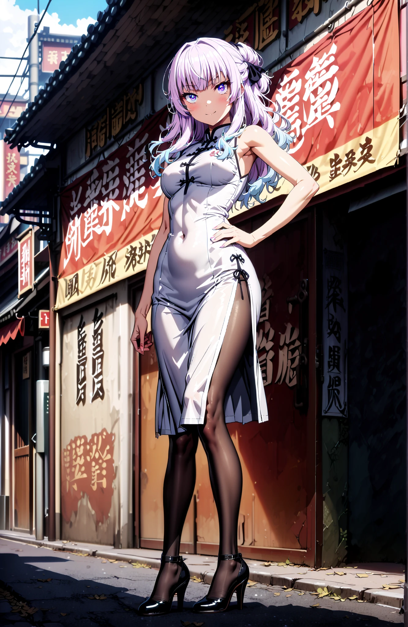 Sakayanagi Alice, long hair, solo,bungs, PURPLE EYES, white hair, blunt bungs,White Chinese clothing,long slit,sleeveless,black pantyhose,pin heels,standing,Grab your hips with your right hand,smile,blush,mouth,angle from below,full bodyがイラストに入るように,in their 40s looking at viewer,full body,
in their 40s outdoors,Chinatown,
in their 40s (masterpiece:1.2), best quality, high resolution, Unity 8Kの壁紙, ( illustration :0.8), (beautiful detailed eyes:1.6), Highly detailed faces, perfect lighting, very detailed CG, (perfect hand in h, perfect anatomy),