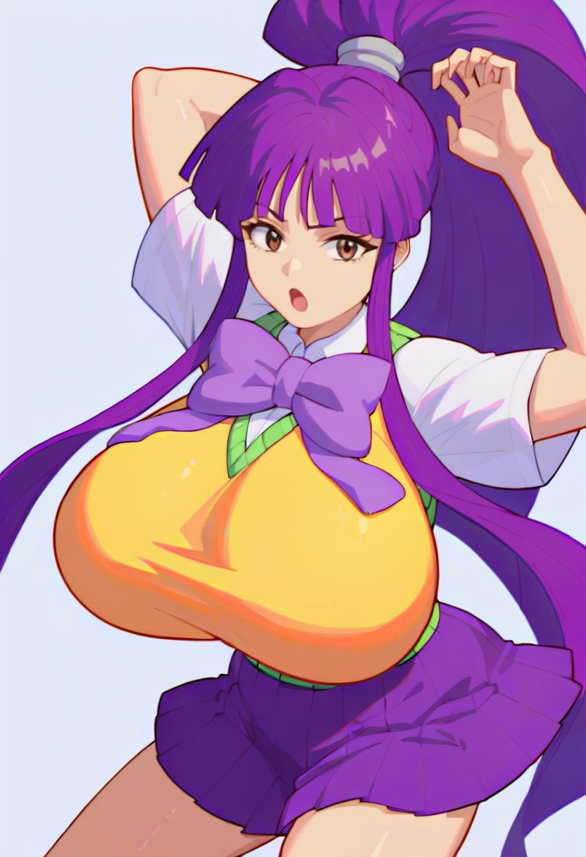 score_9, score_7_up, 1girl, simple background, white background, BBFate purple eyes, long hair, purple hair, hair ribbon, red ribbon, long dress, gigantic breasts, thick thighs, wide hips, squatting, sports footwear, nails, long nails, violet nails, nail pollish, ponytail, smile, open jacket, yellow tank top, black leggings, yoga pants, aidma-niji、niji