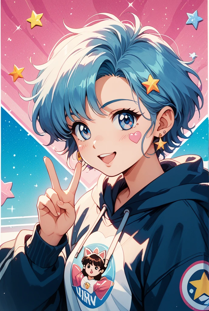 2 girls、wearing a hoodie and holding a peace sign with a smartphone、Showa retro Bikkuriman sticker style、Deformed chibi character、Sparkly Background、 sticker style、bright, pop and cute、Japanese anime style、illustration style
