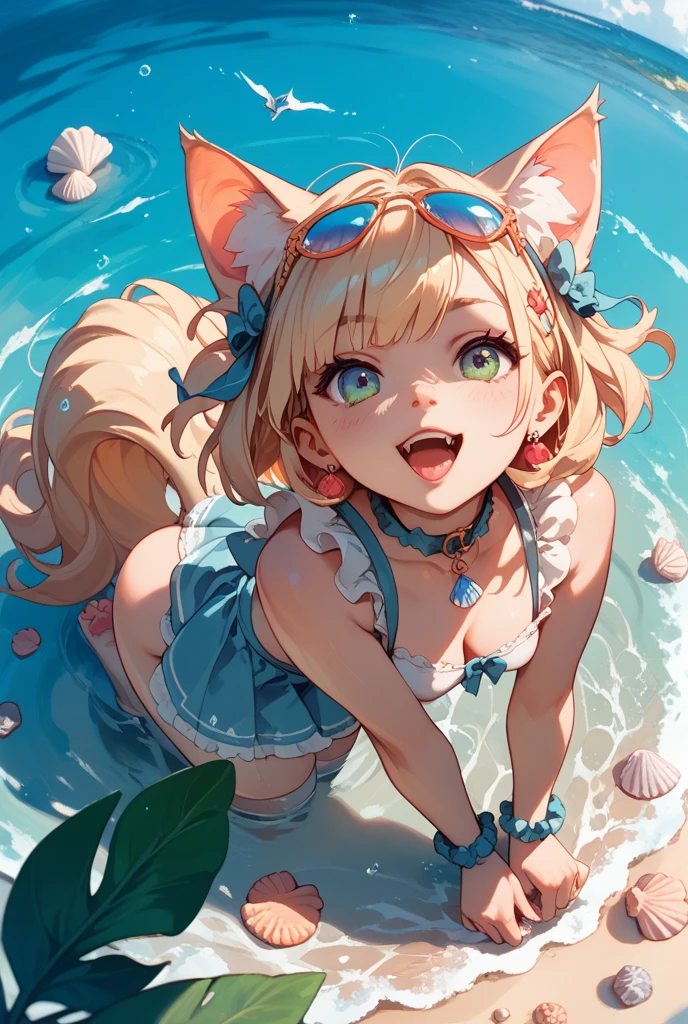 from above:1.3,solo,blonde soft afro hair, (model pose),Enchanting chest, big smile, Summer attractive Stylish colorful flare dress, resort, seaside,