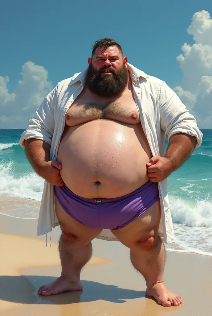 old fatty hairy body Japanese World's Strongest Man, with a shaved head and beard, and ananatomically correct thick penis, big testicles, . full frontal nude. on the fine beach.