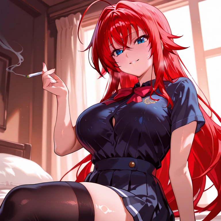 score_9, score_8_up, score_7_up, source_anime, LEOLESHEA,1girl,solo,long hair,breasts,looking at viewer,blush,smile,bangs,large breasts,hair ornament,long sleeves,dress,bow,ribbon,cleavage,hair between eyes,jewelry,very long hair,closed mouth,collarbone,full body, green hair ribbon,yellow eyes,ponytail,hair bow,thighs,red hair,open clothes,shoes,hairclip,indoors,necklace,black footwear,black dress,red bow,kneeling,black ribbon,high ponytail,between legs,hand between legs,