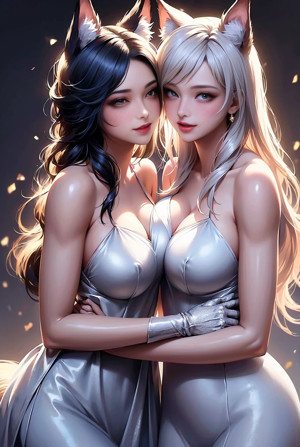 best quality, Very detailed, (actual), masterpiece, lifelike, actual Human Proportions, fantastic realism, perfect lighting, soft light, Natural light, Physically based rendering, Auto white balance, 4K, ((Symmetrical_docking)), 2 girls,Yuri,Irisviel von Einzbern,seductive smile, alone, long hair, looking at the audience, blush, Bangs,kiss,(huge_breast),(hanging breast),(Large areola), (Red eyes), skirt, split, bare shoulders, jewelry, Symmetrical_docking,very long hair, Keep your mouth shut, clavicle, white hair, thigh, earrings, sleeveless, indoors, necklace, white skirt, bracelet,barefoot,red lips, parted Bangs, sleeveless skirt,(perspective), bench, bracelet, lamp, picture frame, masterpiece, best quality,super detailed, Exquisite face shape, nose, red lips, delicate eyes, (The iris and pupil are round, Students reflect on the environment, Eye sizes vary) Eyeliner, eyelash, smooth hair, smooth skin, Posing for photos,