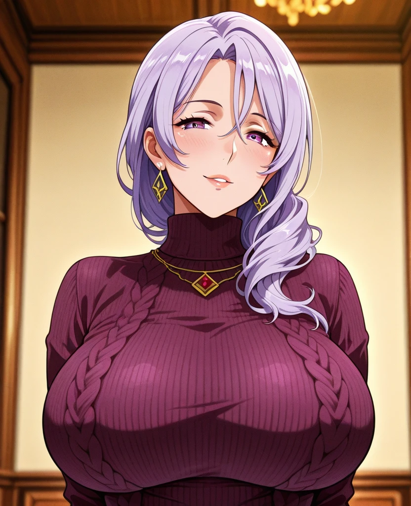 masterpiece, 1 girl, alone, Shortcuts, , Niijima Sae (persona 5)、Big Breasts, Mature Woman, Glare,Sharp eyes, Silver Hair、Lilac eyes, Empty Eyes LoRA / utsurome / Hypnotic suggestion,White off-shoulder sweater,Pink tight skirt, Pose standing thigh sex,Thick thighs, Hypnotic Pendulum,Hypnotic state, Hypnotic Pendulum / Coins on a string / saimin,,Hypnotic stateの目,squint,Teeth grinding,Showing teeth,Sweaty,Stuffy stuffiness,全身Sweaty,White off-shoulder sweater,I can see the valley