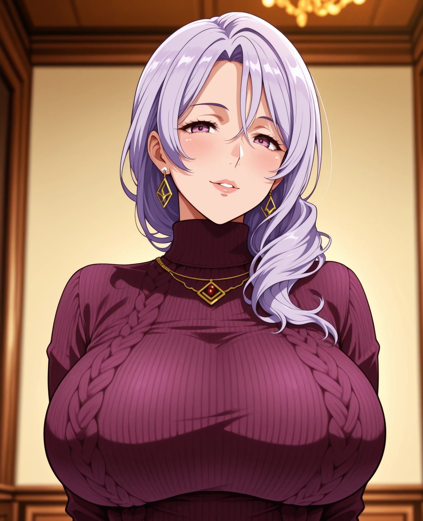 masterpiece, 1 girl, Solitary, Quick way, , Niijima Sae (5Breast((Large Breasts)))Breast sagging、Low-cut(((Cleavage )))、(((Wide hips,)))(((Hourglass figure)))((Long legs)), Mature woman, glare,Sharp eyes, Silver Hair、Lilac eyes, Hollow Eyes LoRA / Urume / Hypnotic suggestion,White Off-The-Shoulder Sweater,Pink tight skirt, Standing thigh pose,Thick thighs, hypnotic pendulum,hypnotism, hypnotic pendulum / coins on string / Sai Min,,hypnotismの目,squint,molars,Toothy,Sweating,Hot and humid,全身Sweating,White Off-The-Shoulder Sweater,I can see the valley