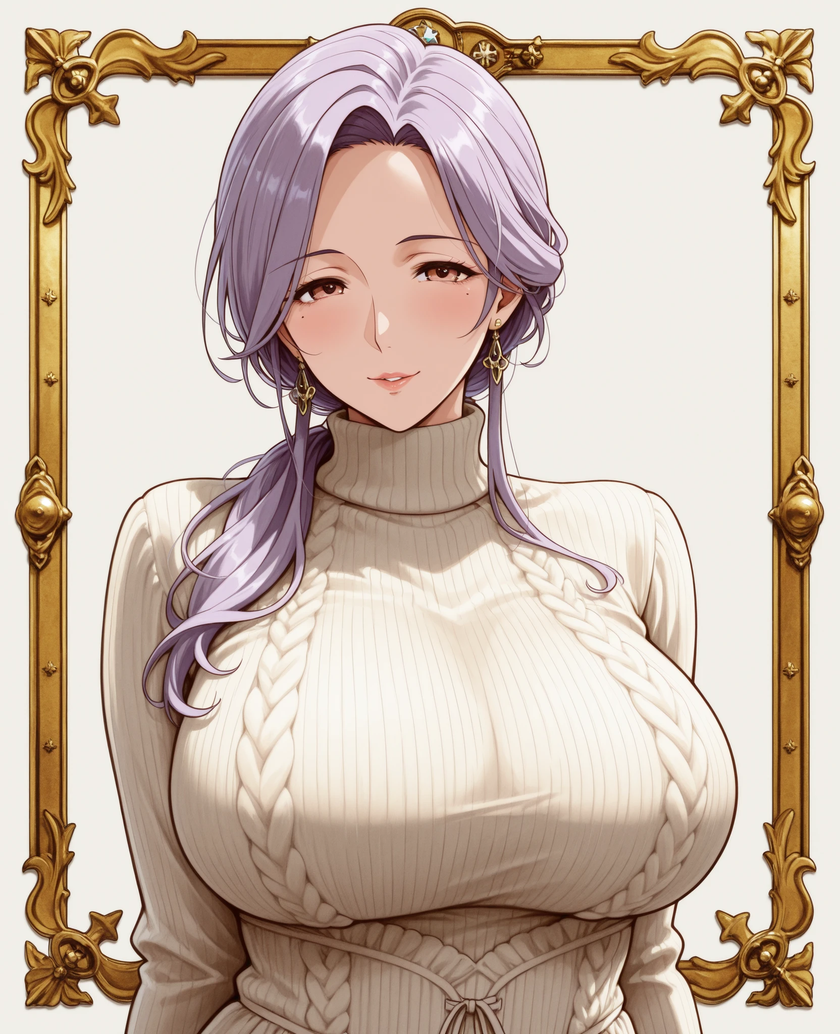 best quality, masterpiece, highres, solo, {belfast_azurlane:1.15}, long_hair, white_hair, bangs, breasts, large_breasts, braid, smile, cleavage, blush, french_braid, blue_eyes, purple_eyes, collarbone, chain, 1girl, aran_sweater, bare_shoulders, beret, brown_sweater, cable_knit, choker, earrings, hat, hoop_earrings, jewelry, looking_at_viewer, off-shoulder_sweater, off_shoulder, red_headwear, sweater, black_skirt, open_mouth, skirt, ((massive tits)), chubby, she has a jiggly fat round belly
