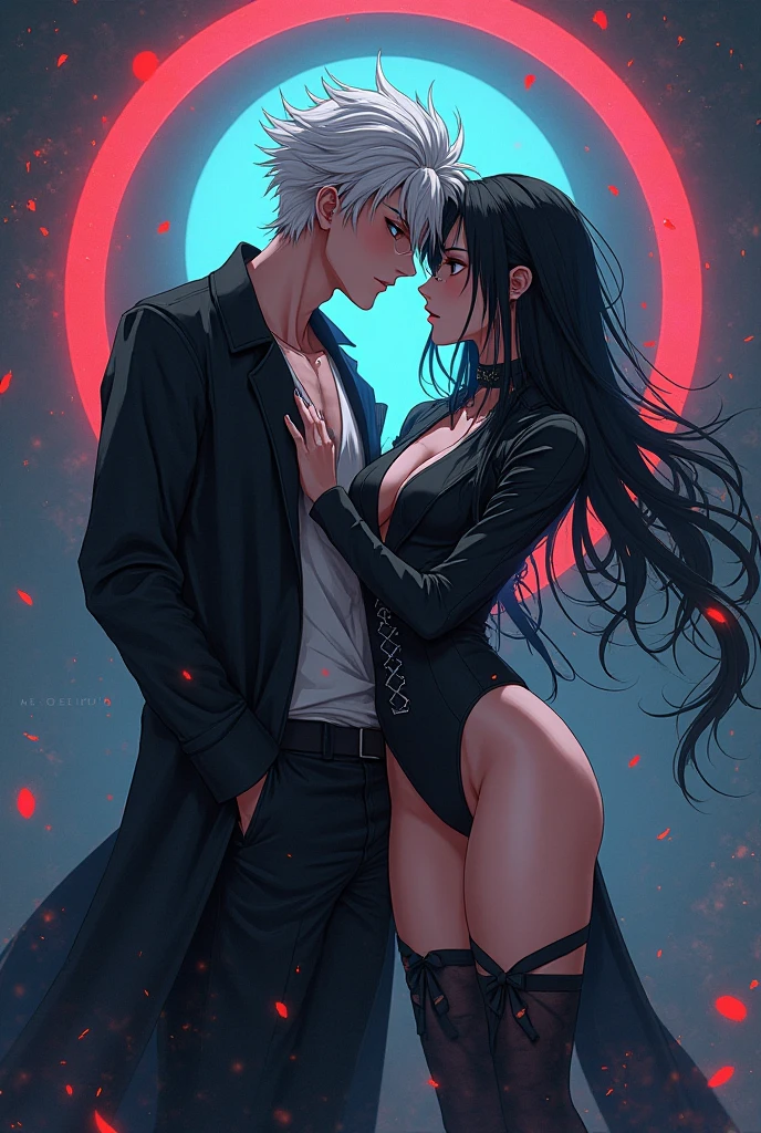 woman with white hair and blue eyes, in black lace bikini, next to a man with brown hair, brown eyes and medium beard, short cuts, black color with red stripe, the two of them together and hugging very happily.