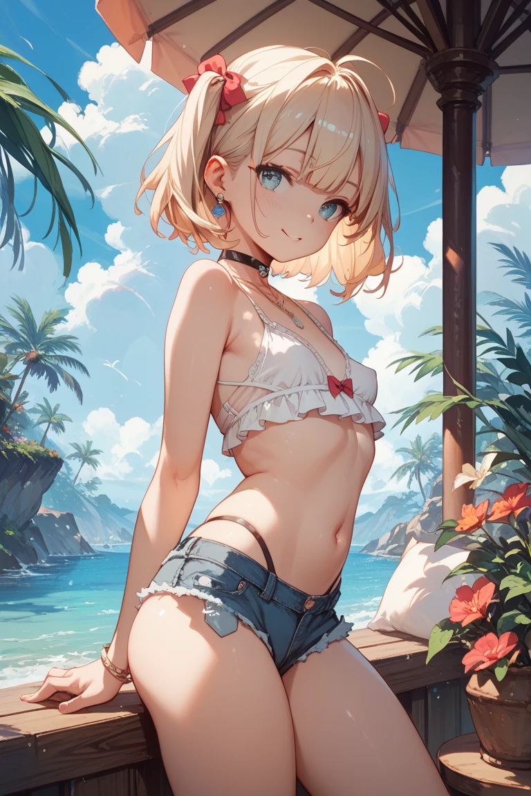 nsfw:1.4, Top quality, masterpiece, ultra high resolution, , (top quality, high resolution, 4K, detailed lighting, shaders, perfect anatomy, perfect proportions), eye of the beholder, (masterpiece, top quality) (top quality, 4K, 8K, high resolution, masterpiece: 1.2), highly detailed, (masterpiece: 1.3, top quality, ultra high resolution, ultra detailed), (top quality: 1.2), perfect eyes, perfect face, perfect lighting, (top quality, 4K, 8K, high resolution, masterpiece: 1.2), highly detailed, (top quality, 4K, 8K, high resolution, masterpiece: 1.5), highly detailed, masterpiece, top quality, ultra detailed, top quality, high resolution, 32K CG, very delicate and beautiful, illustration, high resolution, sharp focus, front lighting, glow, girl 1 person, solo, smiling, very beautiful and detailed anime face, very detailed eyes, ((masterpiece)), ((best quality)), (super detailed), ((cute)), cute, ((very detailed)), 4K, (8K), best quality, (best quality, 8K, 32k, masterpiece, super high resolution, very detailed, impressionistic:1.2), blurred background, four fingers and 1 thumb, Best quality ,
The water's edge on a sandy beach. Stunning sunset. Starry night. A single girl. (Shallow water). ((Stretching with arms raised high)). (((Blonde hair fluttering in the wind))). Beautiful blue-green eyes. Pink lips. (Big boobs). Full breasts. Well-developed breasts. Nicely shaped breasts. Slim waist. Perfect proportions. Slender body. Well-proportioned body. Small pink nipples. Straight hair with a flower hair ornament. White panties. (((Topless:1.2))). Smiling. Thin eyes. Blushing face. White choker. Earrings. Necklace. Bracelet. Chain waist ornament. Anklet. Barefoot. (Rear view). Looking back. Looking at the sea in the distance.