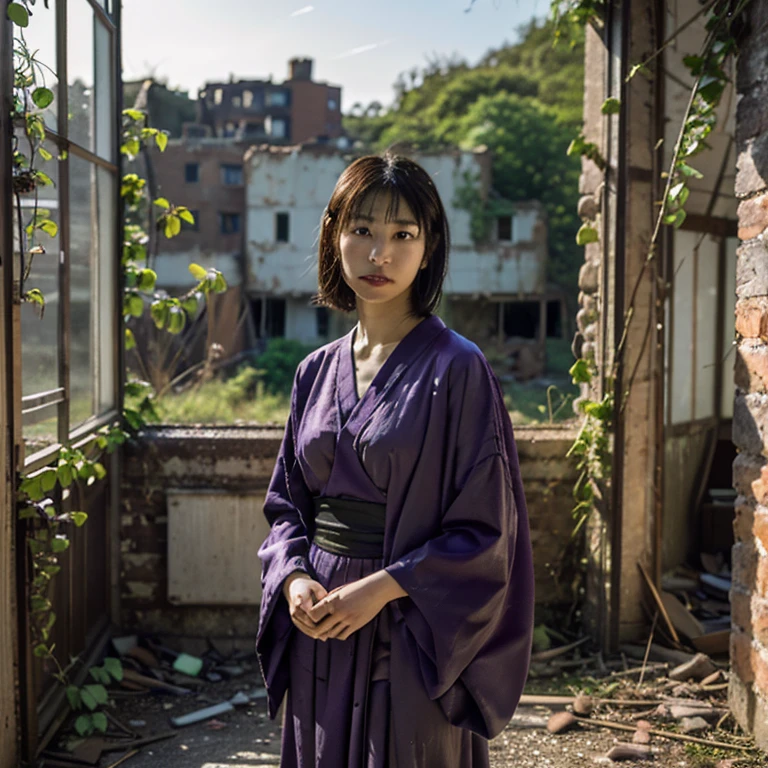 "Photorealistic, (wide angle, high realism, single couple only), a Japanese young woman wearing glasses and a sky-blue backless dress, hugging a Japanese man around 40 years old, both standing in front of a closed front door of his house, her arms wrapped around him affectionately, the man with short black hair and a gentle expression, wearing a casual outfit, natural sagging round breasts against his chest, standing on a stone pathway surrounded by lush greenery, sunlight filtering through the trees, cozy garden setting, natural light, hyperrealistic, high detailed official artwork, warm color tones, vivid colors, serene atmosphere, 8k and 4k resolution."