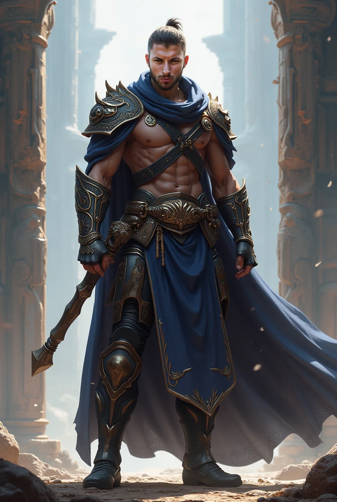 Fantasy games, male warrior, 30-year-old man, serious expression, Warrior's Attire, Take up a knife, Victory Pose