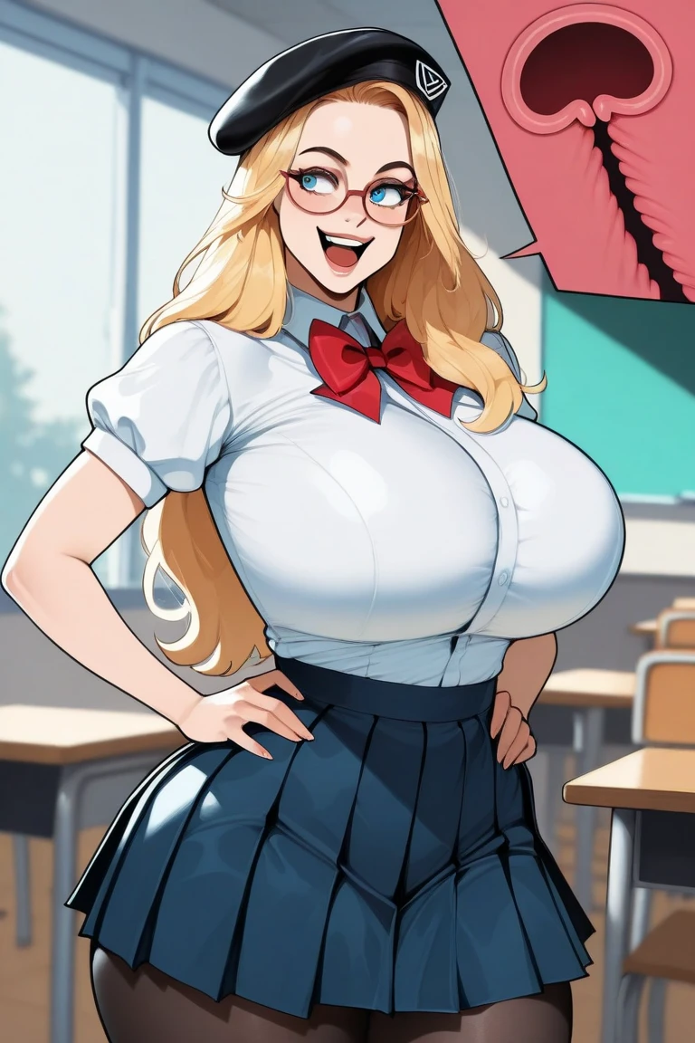 a woman, tanned skin, blonde hair, a hairstyle with two long braids that fall over her shoulders, with straight bangs that cover his forehead, very messy hair, short from above, He wears round-framed purple glasses and has a very cheerful expression on his face..........,  yellow hair, red cheeks, big and very happy eyes, small nose, huge breasts, Skinny body, small waist, thick thighs, fitted navy dress shirt, microfalda, Long black stockings, high heel boots, a nerd, alone, tight clothes, standing, posing sexually, close view, plane of the face, in a classroom hallway, At a school, 
