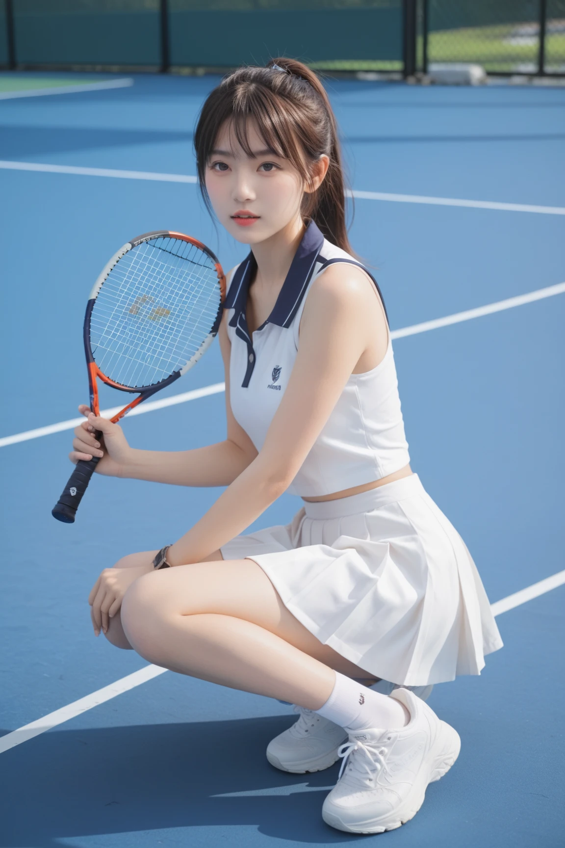((realistic lighting, highest quality, 8K, masterpiece, medium shot: 1.3)), clear focus: 1.2, 1 girl, perfect figure: 1.4, plump bust,((black hair)),((long hair that reaches down to the chest)),((With bangs)),(tennis wear: 1.4), inside the indoor changing room, locker in the background,sitting on the floor,White panties are visible,Moderately thin calves,exposed thighs,white ankle-length socks,white sneakers,super fine face, fine eyes, double eyelid,(white pleated mini skirt), (white polo shirt),Taking a selfie with a black smartphone in his right hand,Your face is hidden by your smartphone
