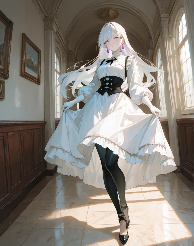 A woman with white hair, long curly hair, white eyes, wearing a cute outfit.