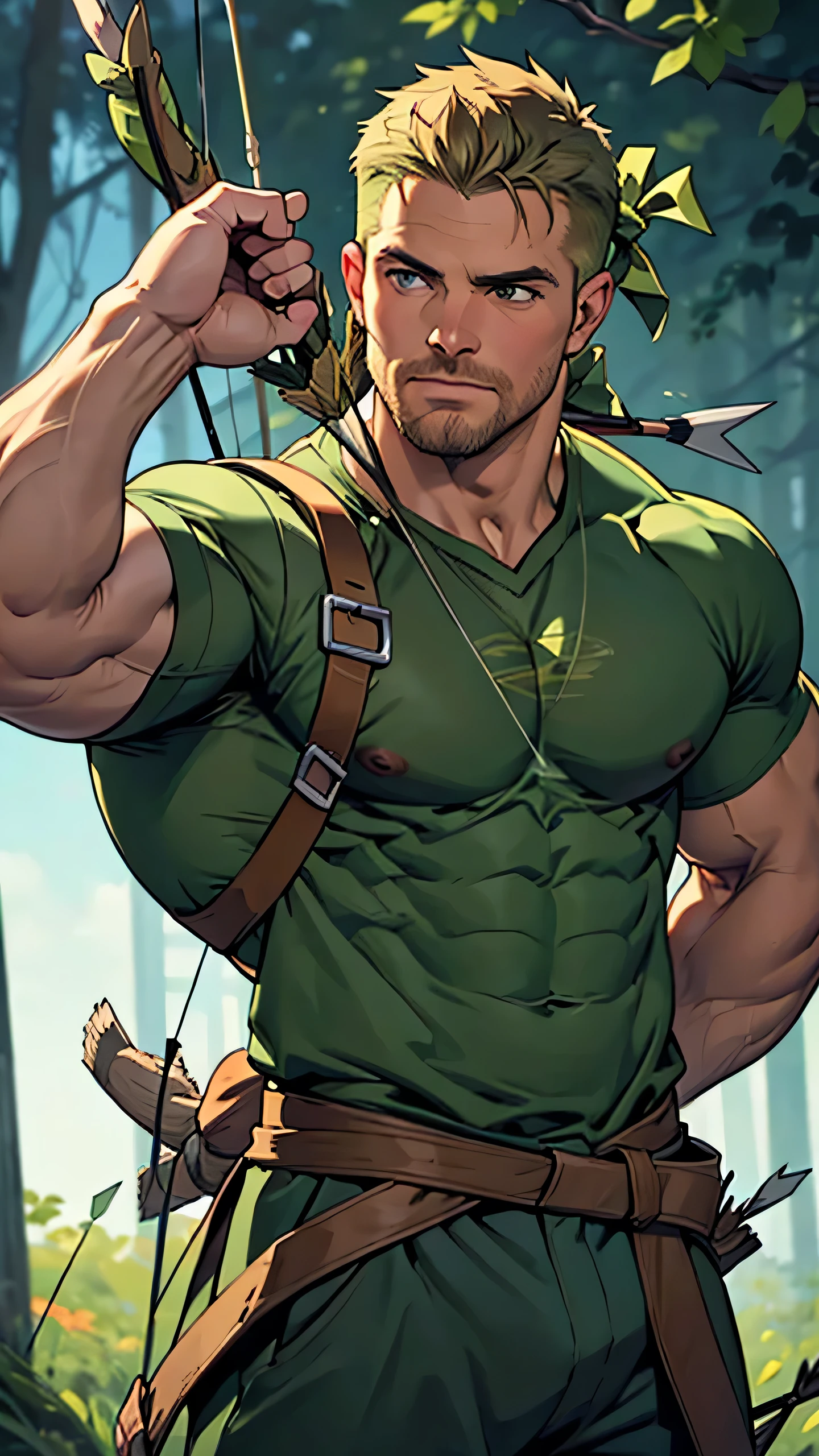 8k, high quality , detailed face , detailed fingers ,detailed muscles stephen amell as green arrow , wearing dark green outfit , showing a dark blond short hair , a thick facial hair , hard nipples, a bulge ,hunk and handsome, aiming with his bow and arrow toward the ennemy , with the quiver on his back full of arrows