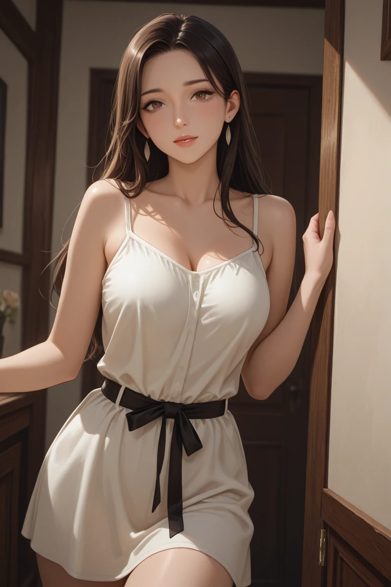(best quality, 8k,32k,masterpiece, UHD:1.2),extremely detailed CG unity 8k wallpaper,intricate details,Raw photo,(photorealistic:1.4),atmosphere,ultra high res,Realistic,Real,Huge_filesize,incredibly absurdres,(centered:1.3),Ultra illustration,(ultra-detailed),cinematic lighting,various colors,depth of field,art by krenz cushart,golden hour lighting,taken by Canon EOS,SIGMA Art Lens 35mm F1.4,ISO 200 Shutter Speed 2000,blurry background,
BREAK,
1girl,(smile:1.2),slim body,(long straighthair:1.4),solo,20-year-old Japanese beautiful woman,(white apron:1.5),(Brown hair:1.5),((brown eyes)),Large breasts,chest, Soft white skin that shines with every detail,pale skin,Very beautiful face,Very well-formed face,Natural and realistic face,Best,beautiful detailed eyes,striking eyes,Eyes drawn in detail,Detailed mouth,Detailed lips,shiny beautiful lips,Glossy lips,simple earrings,necklace,jewelry, solo focus,low neckline,
BREAK,
Back lighting,kool,Standing,
BREAK,
(Dutch angle:1.4),cowboy shot,looking at viewer,
BREAK,tzuyu,yui aragaki,