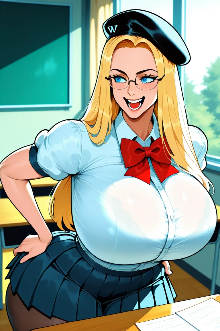 Busty Blonde high school nurse, half-moon glasses, ((best quality)), ((masterpiece)), (detailed), perfect face, blue eyes, big breasts, midriff