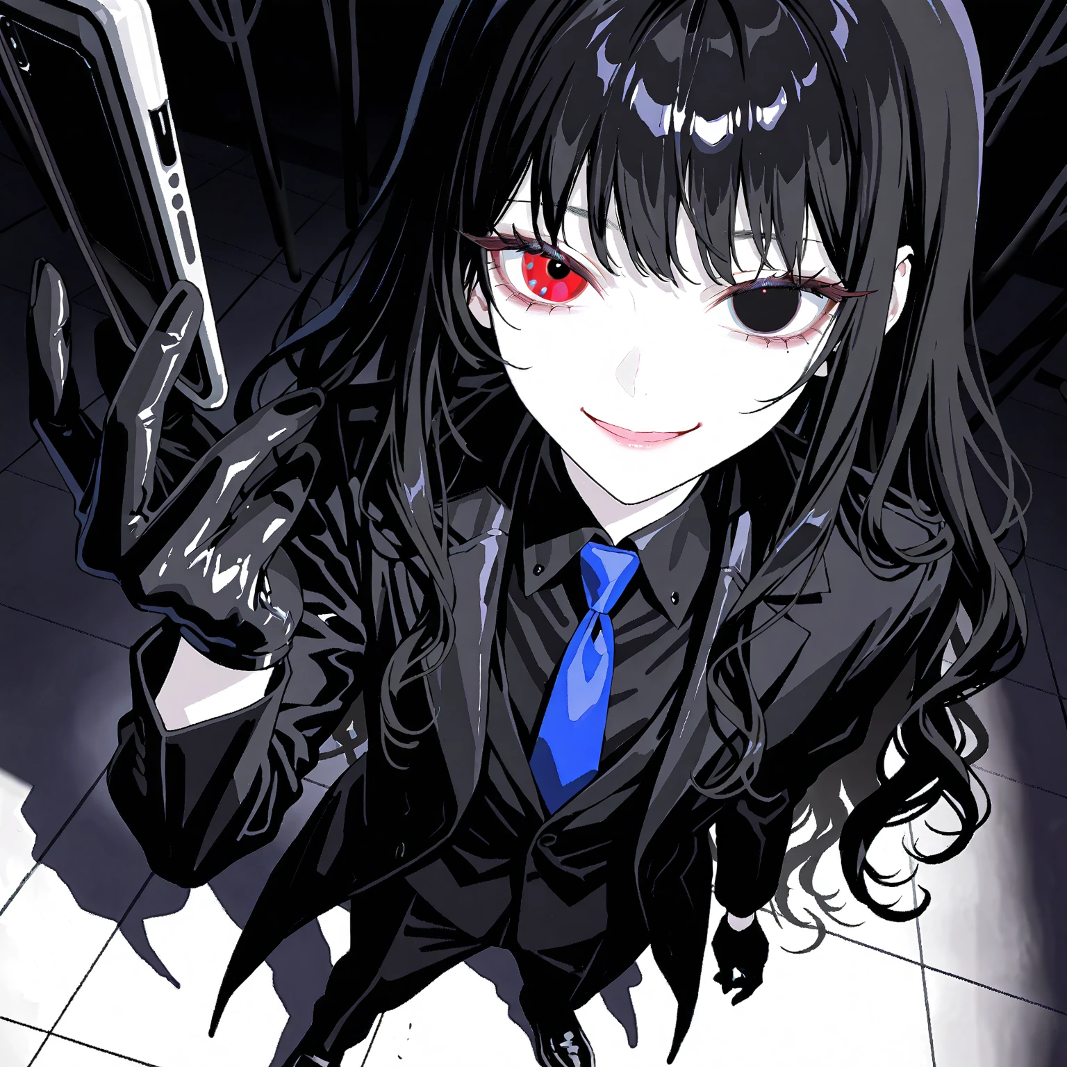 masterpiece、solo、one girl、short、student、long black hair,black hair、hair is long enough to stick to the ground、Hair like a tree root、Wavy hair、Unruly Hair、 dark eyes、 red eyes、iris heterochromia、pretty eyes、Half an eye、thick eyelashes、Beautiful eyelashes、creepy smile、Smile、in a black suit、black coat、black shirt、blue tie、black slacks、Black leather shoes、and black gloves. black inner high neck、suggests calm, . flat chest、cool vibe、Elegant appeal 、cool pose、Exquisite details with dynamic lighting, sharp contrast、Mysterious Atmosphere.Balanced exposure details,newest、Viewers' Perspective、Abstract art、fantastic、high quality、very aesthetic、Amazing modern character trend themes、full shot、最high quality、perfect face、newest 、 high resolution 、 Stunning Resolution 、super detailed、HDR、8K、Beautiful Delicate Eyes、 clear line、fantastic、white skin、pure white skin、very aesthetic、Detailed Background、full body、dynamic angle 、 aesthetics 、Dark Atmosphere、absurd、Cinematic Angles、intricate detail、Dramatic Shadows、 Dark 、Creepy Atmosphere、standing、has a smartphone、