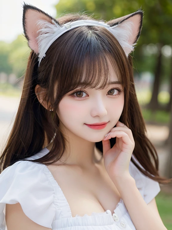 ((Best Quality, 8K, Masterpiece: 1.3)), Sharp: 1.2, Perfect Body Beauty: 1.4,1 cute girl,smile,Highly detailed face,detailed eyes,double eyelids,(furry:1.8),have a cat's ears,standing,((side wide shot:1.4)),beautiful forest