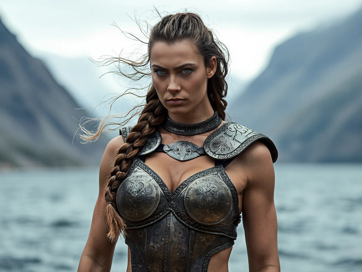 A beautiful young viking warrior, very sexy, viking hairstyle, warrior, armor, sweaty body and face, dirty, captivating, wet, big breasts, bright blue eyes, viking village, rain, photo awarded by lee jeffries, kodak film photography, kodak lens portra 400 camera f1.6, extremely detailed, amazing, fine details, rich colors, realistic hyper realistic texture, dramatic lighting, unrealengine, trend in artstation,  cinestill 800 tungsten, looking for the viewer, realistic photo, RAW photo, TanvirTamim, high quality, high resolution, sharp focus, extremely detailed, cinematic effect, full body portrait style.