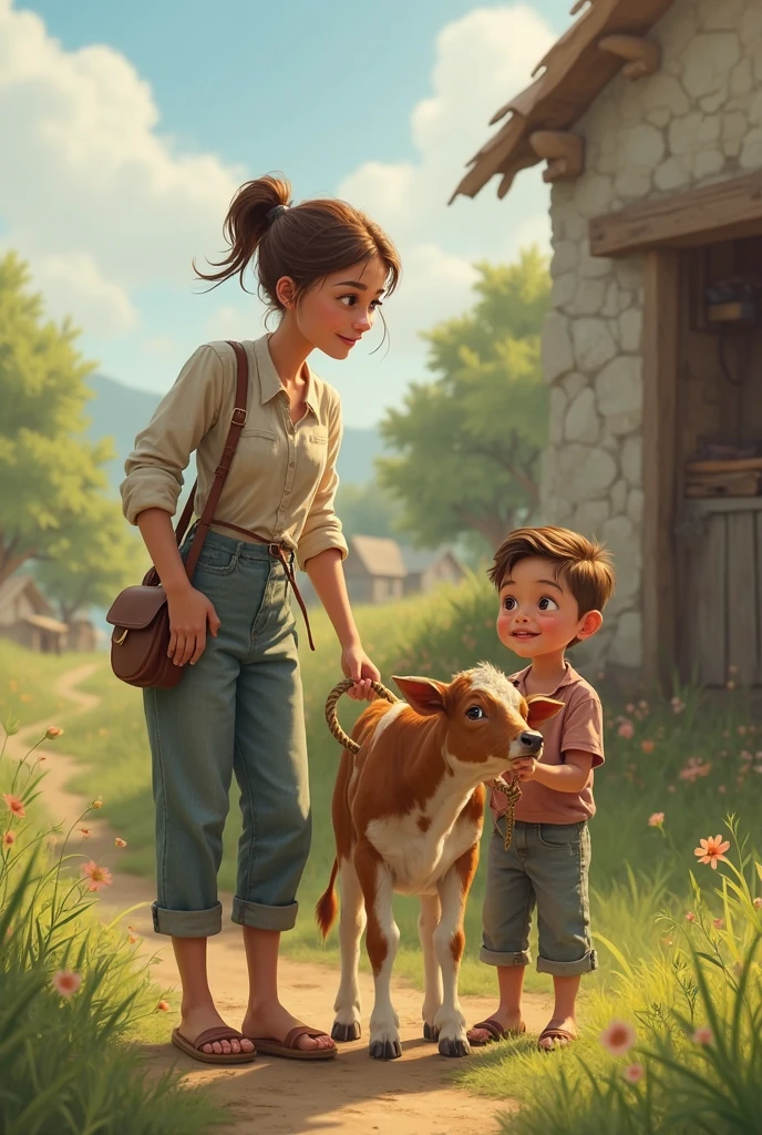 A young little blonde boy with blue eyes is standing outside a little cottage. In the window you can see a beautiful but sad woman with brown hair in a braid. She is wearing an old brownish shirt that is too big. The bow is outside the cottage and talking to a brown cow. The cottage is old and looks poor. The blonde boy is happy. The woman in the window is sad. 