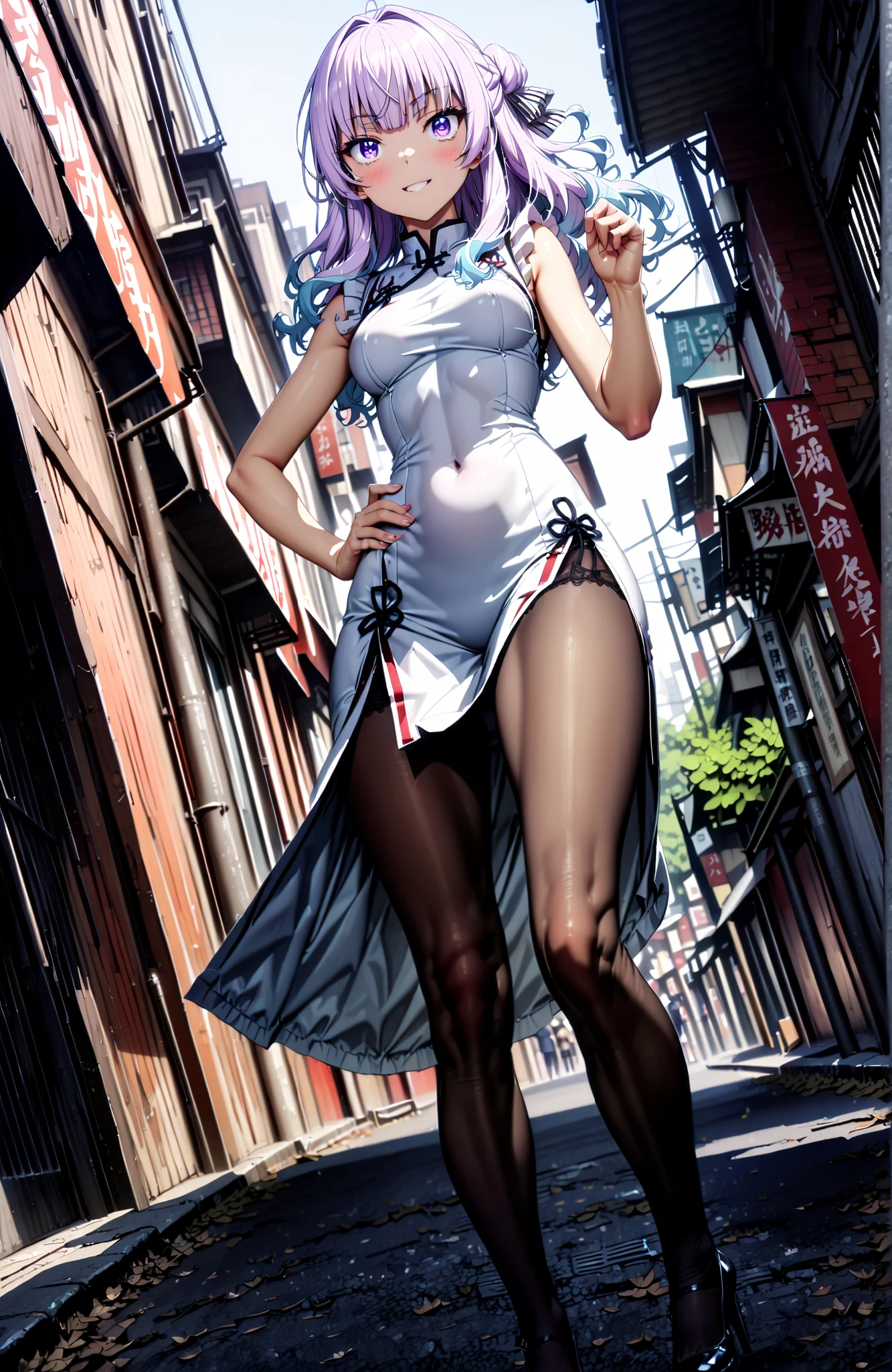 Sakayanagi Alice, long hair, solo,bungs, PURPLE EYES, white hair, blunt bungs,White Chinese clothing,long slit,sleeveless,black pantyhose,pin heels,standing,Grab your hips with your right hand,smile,blush,mouth,angle from below,full bodyがイラストに入るように,in their 40s looking at viewer,full body,
in their 40s outdoors,Chinatown,
in their 40s (masterpiece:1.2), best quality, high resolution, Unity 8Kの壁紙, ( illustration :0.8), (beautiful detailed eyes:1.6), Highly detailed faces, perfect lighting, very detailed CG, (perfect hand in h, perfect anatomy),
