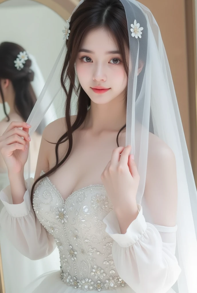 8k, Ultra-high resolution, Highest quality, masterpiece, 三分割法によるphotograph,Surreal, photograph, 1 Girl, (:1.3), pretty girl, Cute Face, Beautiful eyes in every detail, 細かくdetailedに,masterpiece,One Girl:1.2,Japan Female Teachers,full body,light smile,Long black hair,Straight long hair,(印象派の美しい少女のPortraiture),(Impressionist light and colour), (White Wedding Dress:1.3),(Fairy, bride, Shiny Hair, Beautiful dark eyes, So cute and beautiful,16 years old0.8),Sharp contours,Looking down, (Wedding Veil,White lace), ((Gothic cathedral)), (Stained Glass Windows:1), indoor, Light from above, Low contrast, (Side view),, Perfect and beautiful face ,完璧でCute Face, Skin with attention to detail, Perfect limbs、Narrow waist,Looking at the audience,(((Ideal body type))),A cup small breasts :2,Portraiture:2,Perfect Anatomy,鮮明なdetailed,detailed,Surreal,Light and shadow,glowing
