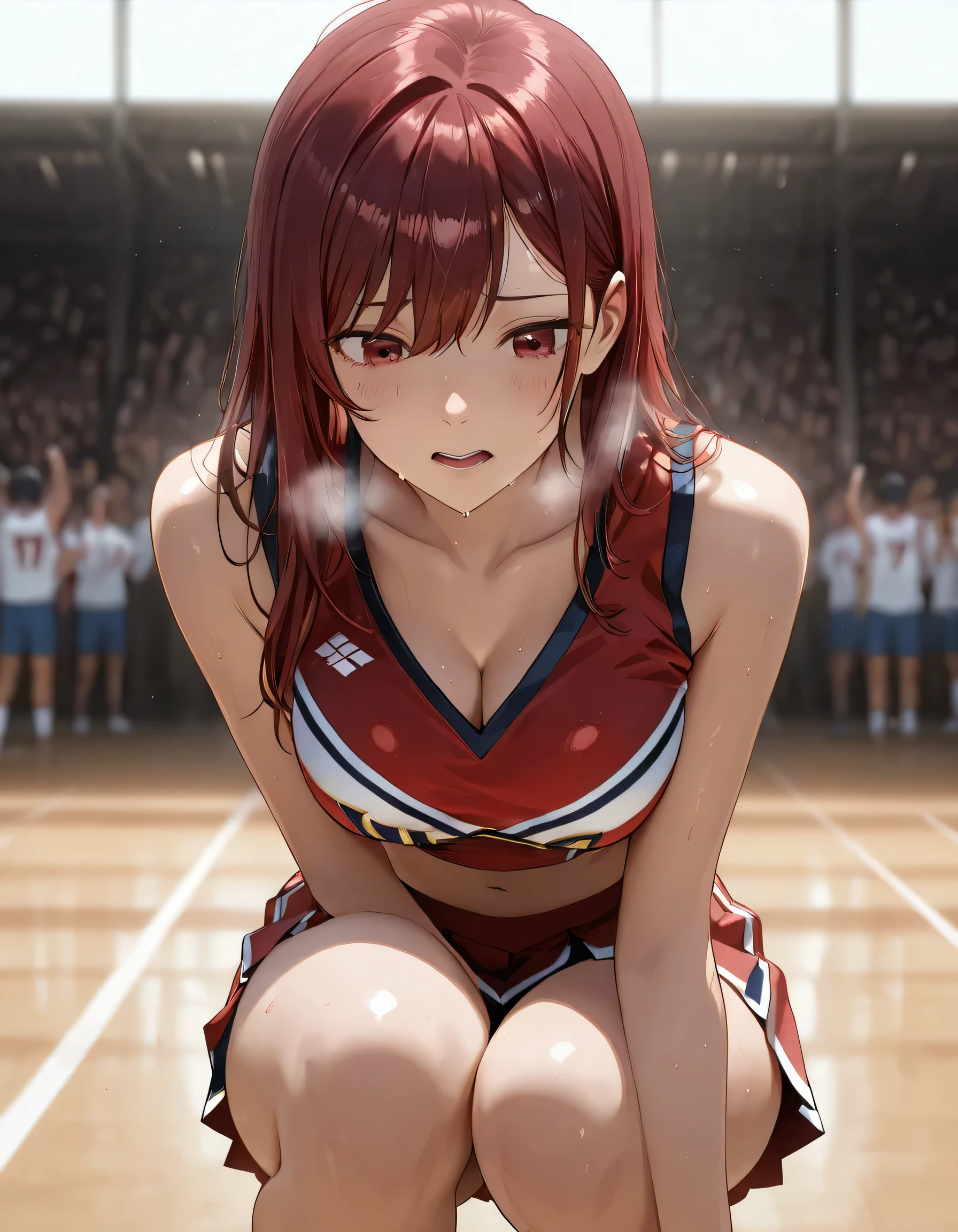 cinematic, (masterpiece), (best quality), (ultra-detailed), very aesthetic, illustration, realistic illustration, perfect composition, intricate details, absurdres, detailed face, (anime, masterpiece, intricate:1.3), (best quality, hires textures, high detail:1.2), (4k), (incredibly detailed:1.4), detailed eyes, realistic shadow, dark red cheer uniform with black accents, slightly ruffled, flushed cheeks, crouching with one hand on thigh, catching her breath, sweat glistening on collarbone and midriff, blurred cheering crowd in background