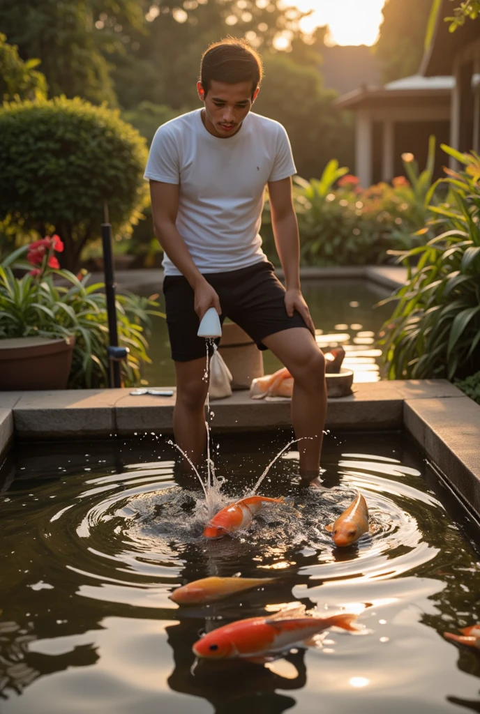 young cute handsome pretty beautiful white face soft skin skinny short hair naked penis in a fish pond picking up fish basket hat cute butt cute fish in his hand