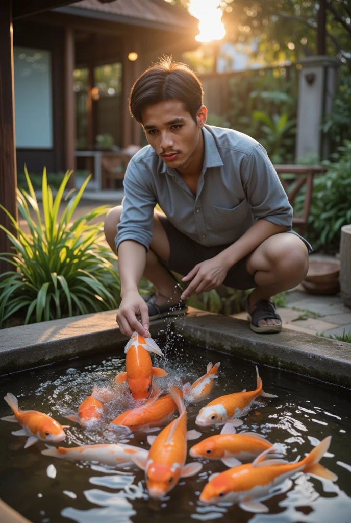 realistic photo, shows an indonesian young man, bald head, wearing plaid shirt, was training duckling to swim in the pool. Beside him there was a beautiful girl, wearing a grey tanktop, watching with a cheerful face, smiling happily