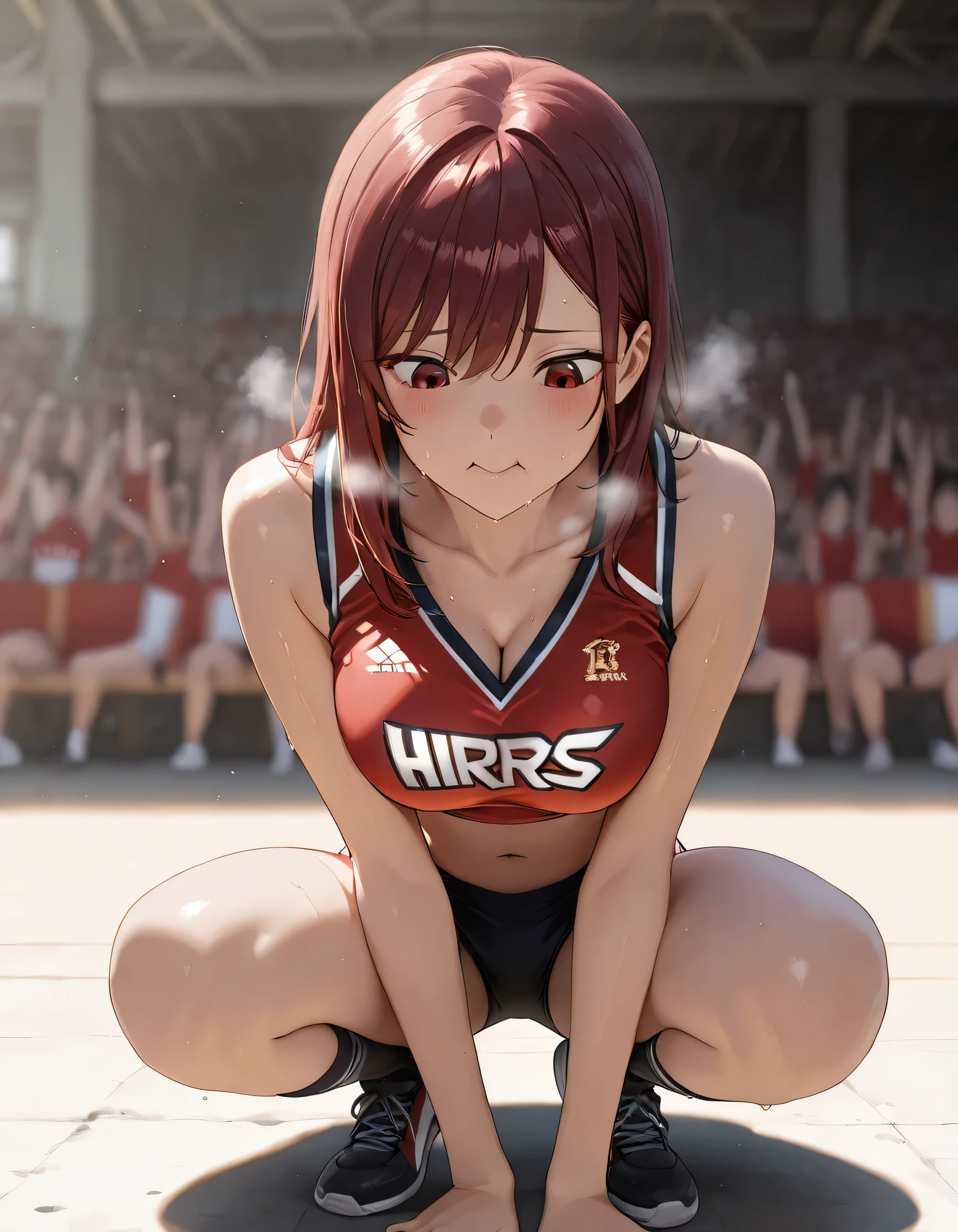 cinematic, (masterpiece), (best quality), (ultra-detailed), very aesthetic, illustration, realistic illustration, perfect composition, intricate details, absurdres, detailed face, (anime, masterpiece, intricate:1.3), (best quality, hires textures, high detail:1.2), (4k), (incredibly detailed:1.4), detailed eyes, realistic shadow, dark red cheer uniform with black accents, slightly ruffled, flushed cheeks, crouching with one hand on thigh, catching her breath, sweat glistening on collarbone and midriff, blurred cheering crowd in background