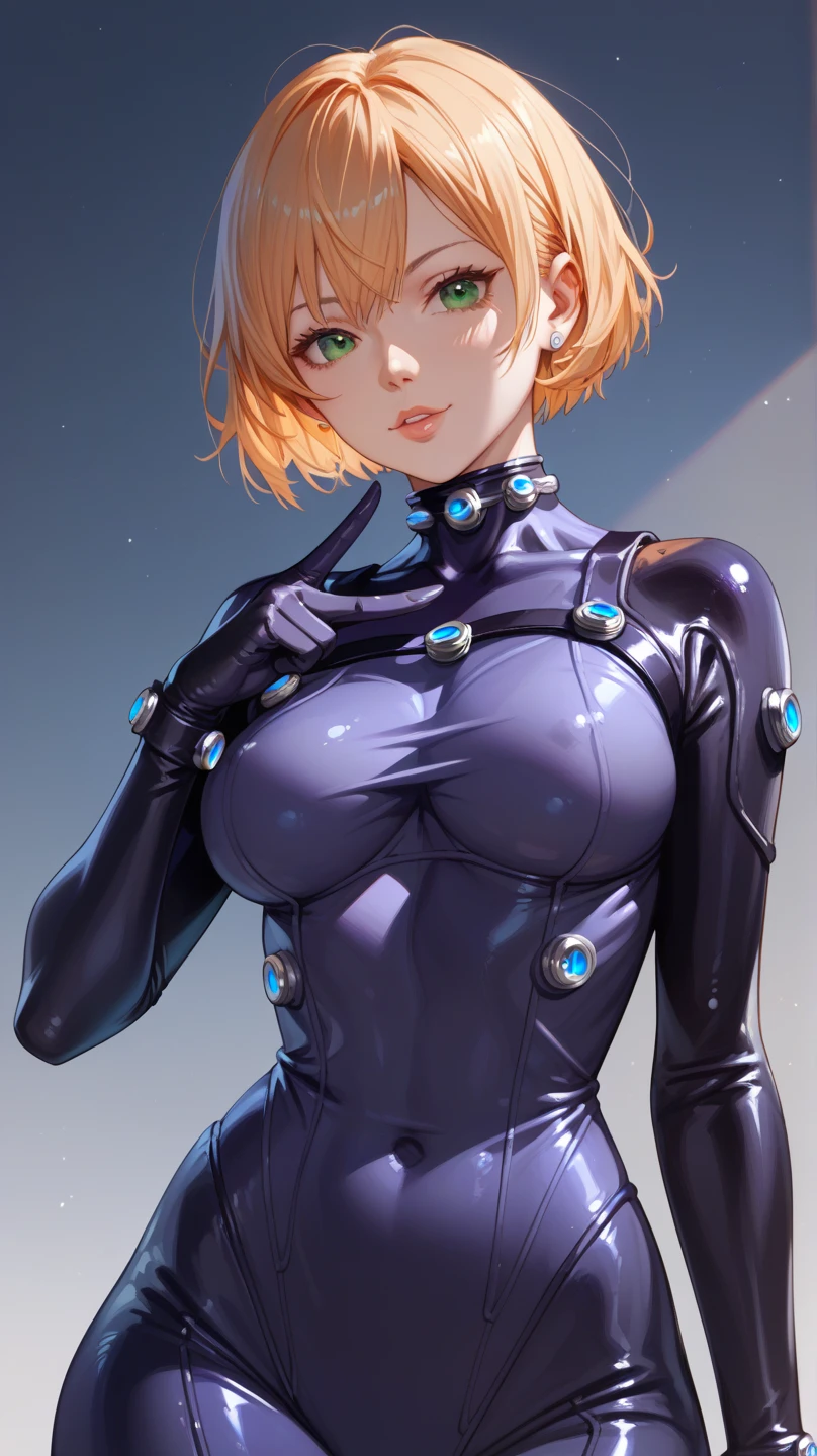 PM, (Purple Latex Suit:1), Golden Fringe Shorthair, Light brown eyes, 1girl in, 20yr old, Innocence, (Photorealsitic), (masterpiece, :1.3),(top-quality:1.4), (超A high resolution:1.2), 超A high resolution, (A detailed eye), (detailed facial features), nffsw, 8K分辨率, (lensflare:0.7),Colossal tits