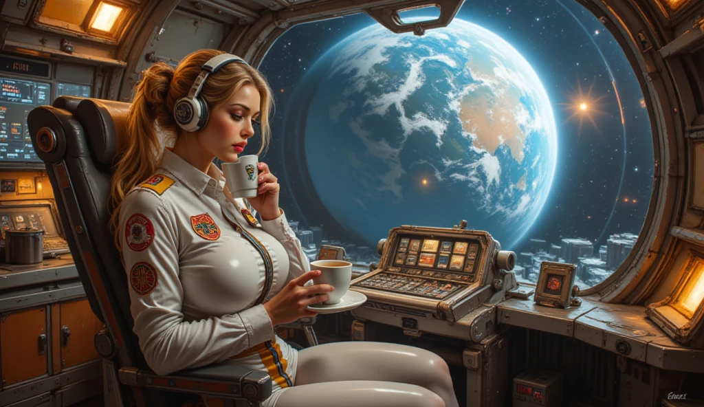 ((masterpiece)), ((best quality)), 1970RetroFuturism, <lora:1970RetroFuturism:0.9>, a woman passenger sitting in a passenger car of martian train, wearing 70s flight attendant outfit and an astronaut helmet, cleavage, thigh, crossed legs, martian city over the window of the train,