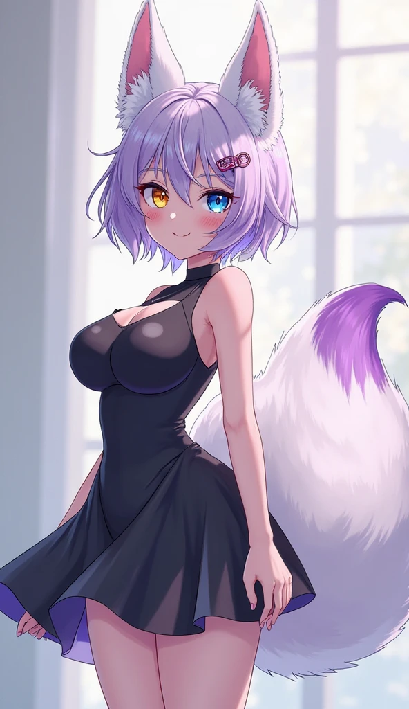 kemono furry, purple fur, light purple hair highlights, hoodie, fox, purple fox, highest quality, female, small breast,