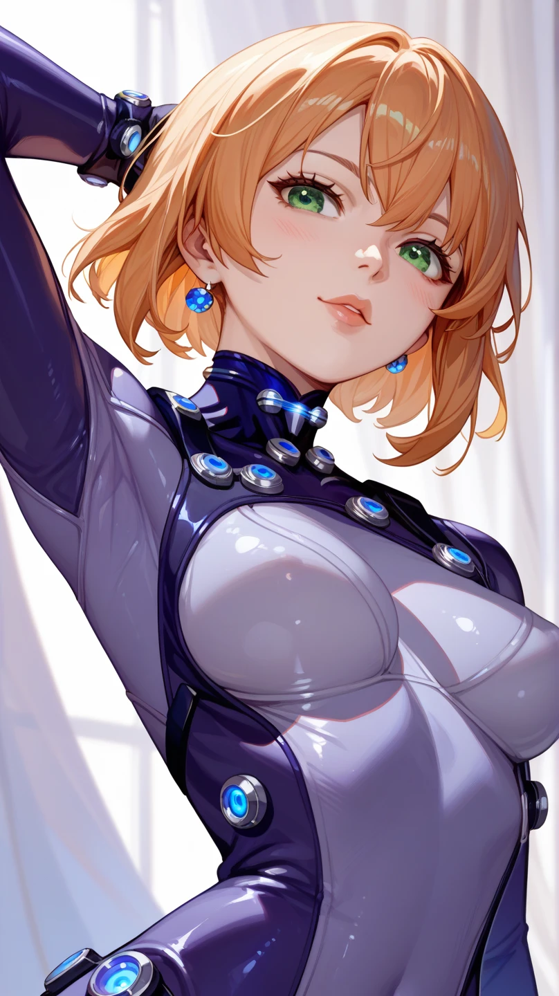 in 8K、glossy latex suit、(((Transparent latex suit)))、(((Transparent latex suit)))、short golden hair with arms behind head、Beautiful woman with blue eyes、Latex suit that shows off your body line beautifully、Upper body only