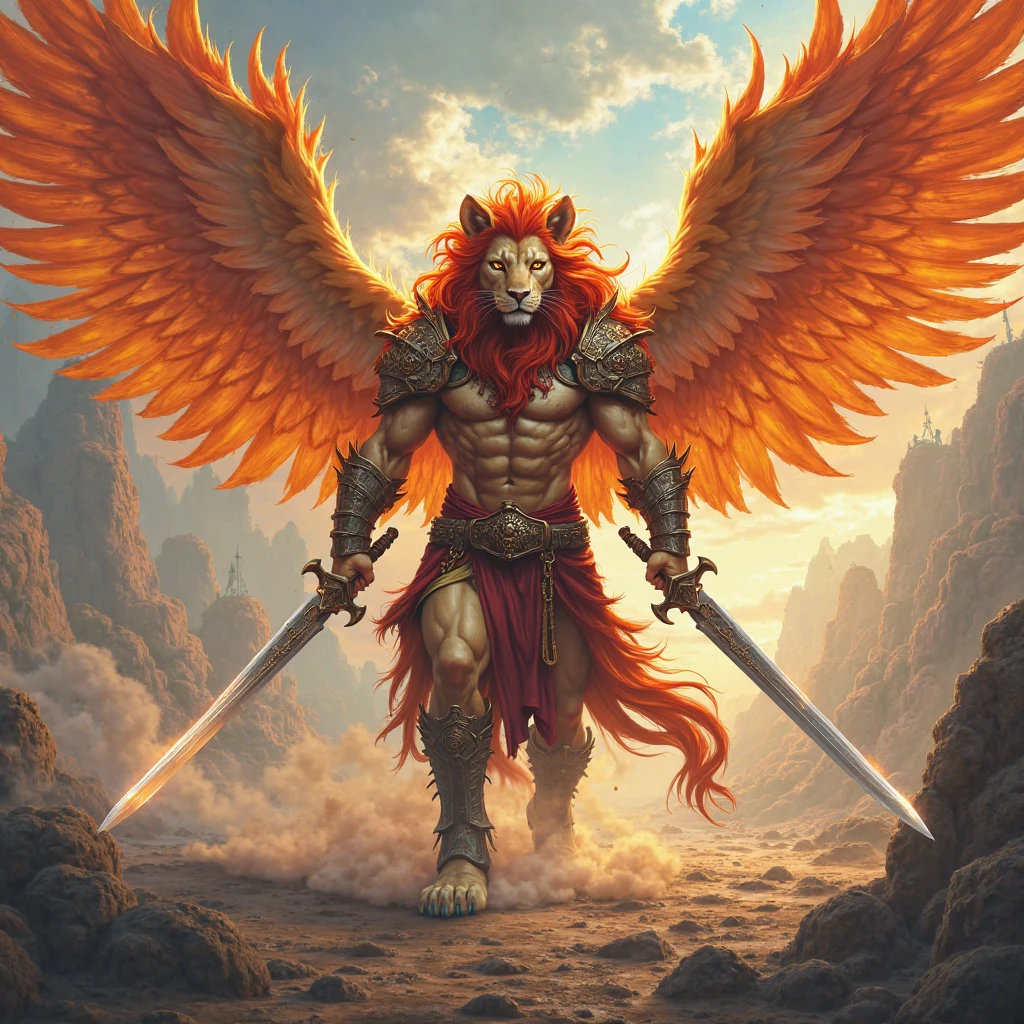 A lion face warrior with red wings and red flash sword 