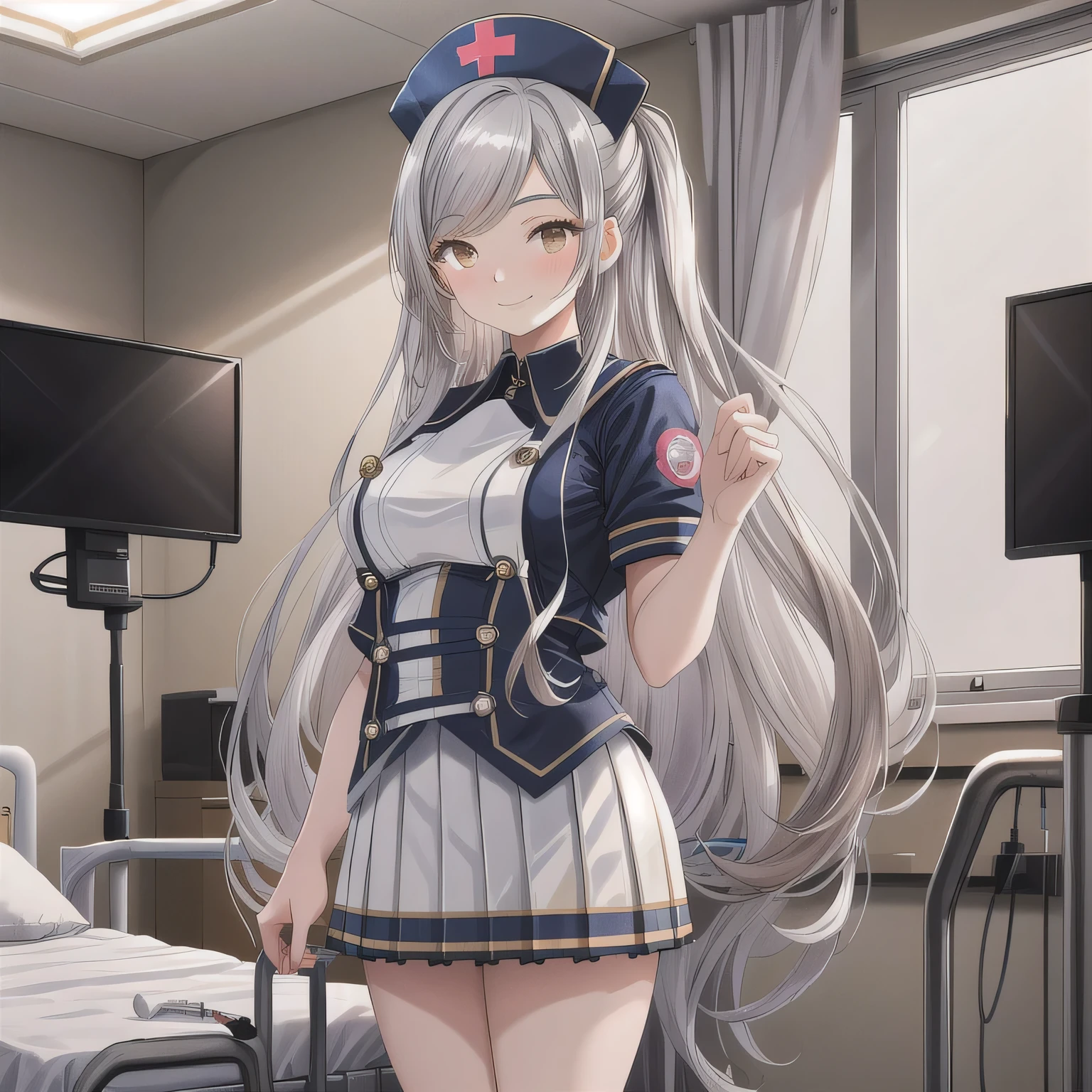 A beautiful woman. Vibrant yellow eyes. Long fluffy hair with bangs. White eyelashes. Smiling playfully. Black shirt. One person. White hair. nurse, nurse cap, white wear, ((white legwear, zettai ryouiki)), white gloves, standing, ((hospital room)), sharp outline, short sleeves, best quality, masterpiece