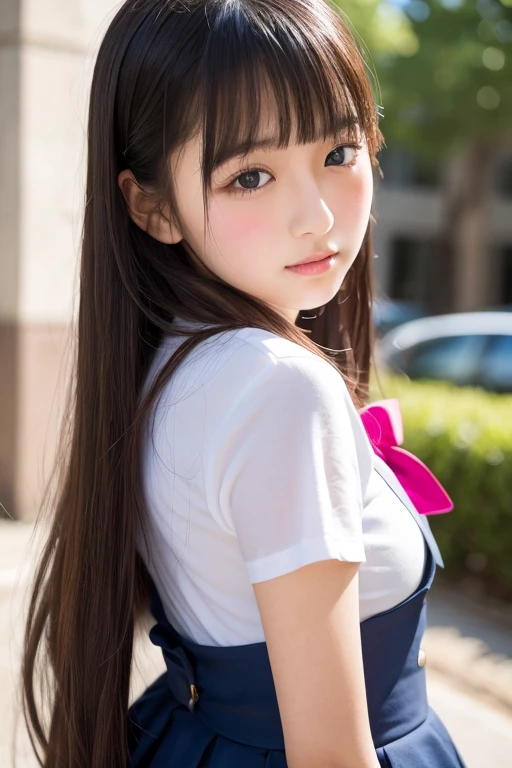 White blouse,Flared mini skirt,,high school girl,Black Hair,bangs,Straight hair,ponytail,Dark Eyes,Small face,Young Face,Clean your eyes,Small Mouth,Showing teeth,thin,Young Face,,Flat Chest,Flat Chest,Flat Chest,Flat Chest,In the city,Realistic photos,8K,smile,White teeth,Ultra HD,Standing posture,whole body,Upskirt,Embarrassing,Pure girl,