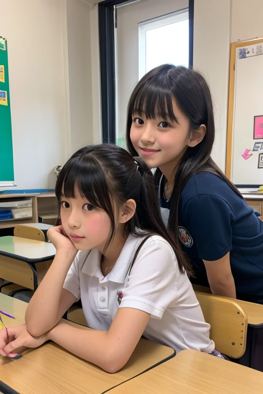 realistic pictures、Highest品質、ultra high resolution、Professional specifications、((とてもロリなprimary school studentの姉妹が手紙を差し出す))、(((Hold the letter with both hands)))、school classroom、sailor suit、belly button、short skirt、primary school student、lolicon、Highest、10 years old、love confession、pink square letters、Very embarrassed、blush、