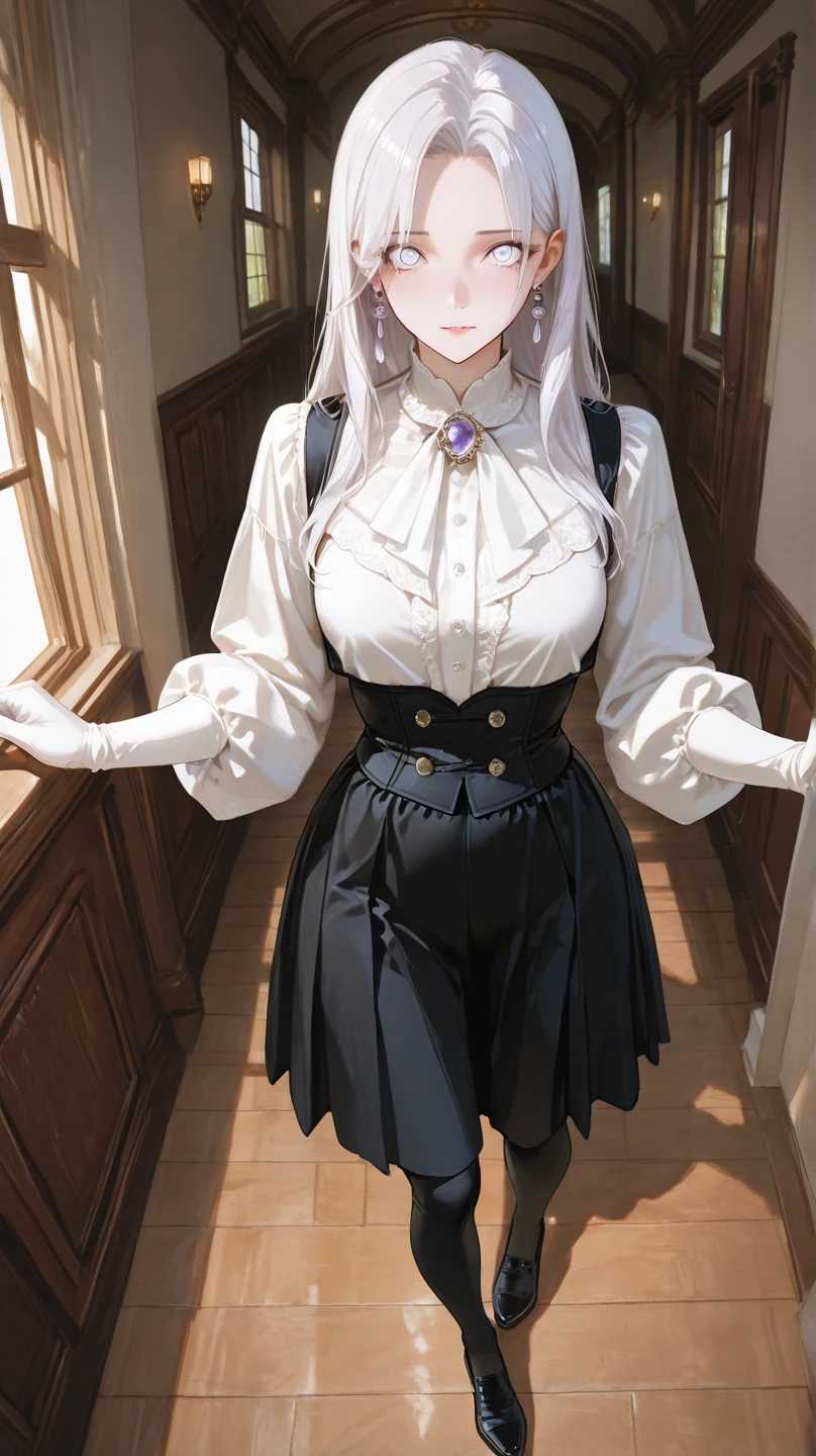 masterpiece, best quality, ultra-detailed, glistening shiny, glowing light, ray tracing, HDR, deph of field, (perfect face, detailed face), inglis, large breasts, long hair, maid uniform, maid headress, harness, long sleeves, skirt lift, thong, standing